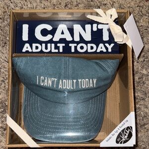 Gift Box includes an “I Can’t Adult Today” Box sign and Baseball cap
